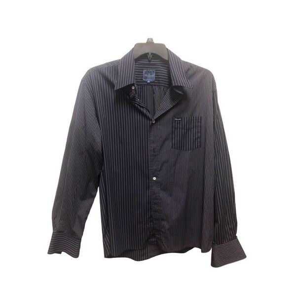 Faconnable Men’s Formal Casual Navy Blue Striped Long Sleeve Collared Button Up - Picture 1 of 7
